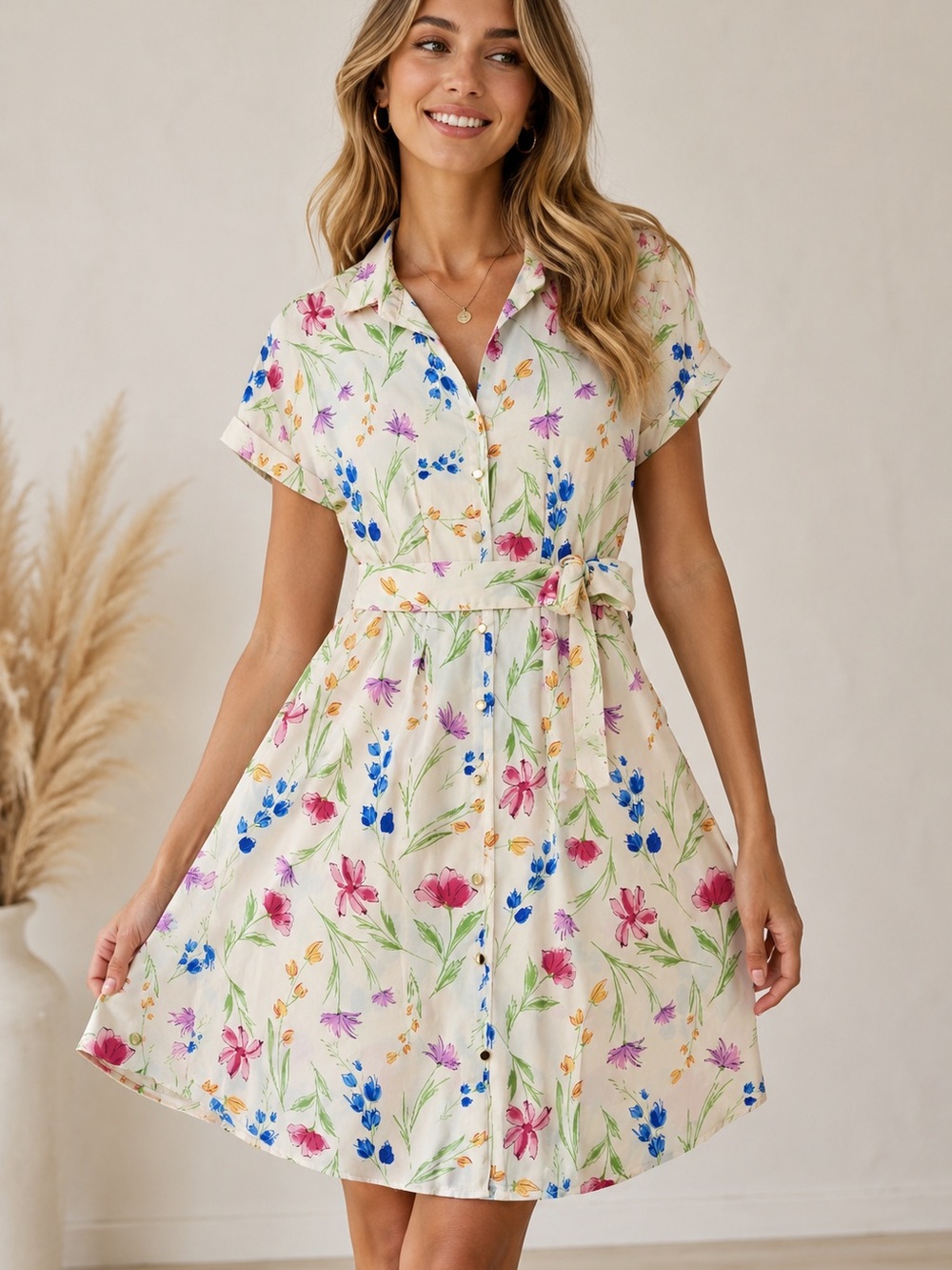 French Connection Cream Floral Shirt Dress with Belt L